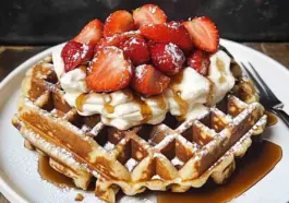 A close-up of two golden Belgian waffles topped with whipped cream, fresh strawberries, powdered sugar, and maple syrup on a white plate with a fork.
