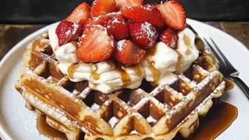 A close-up of two golden Belgian waffles topped with whipped cream, fresh strawberries, powdered sugar, and maple syrup on a white plate with a fork.