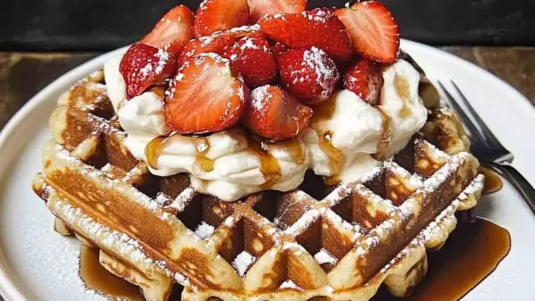 A close-up of two golden Belgian waffles topped with whipped cream, fresh strawberries, powdered sugar, and maple syrup on a white plate with a fork.