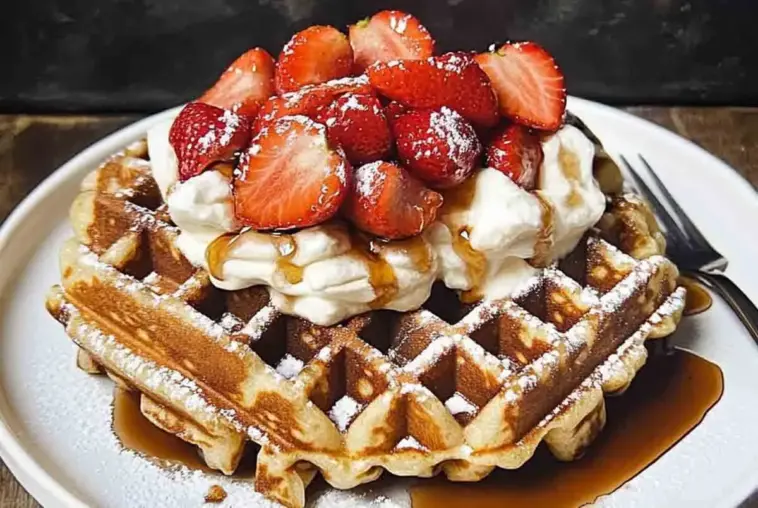 A close-up of two golden Belgian waffles topped with whipped cream, fresh strawberries, powdered sugar, and maple syrup on a white plate with a fork.
