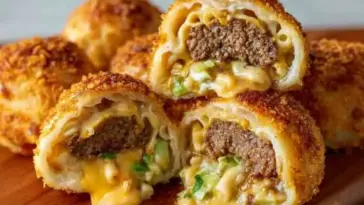 Golden-brown Big Mac Cheeseburger Bombs cut in half, revealing juicy beef, gooey cheese, pickles, and sauce wrapped in crispy dough on a wooden board.