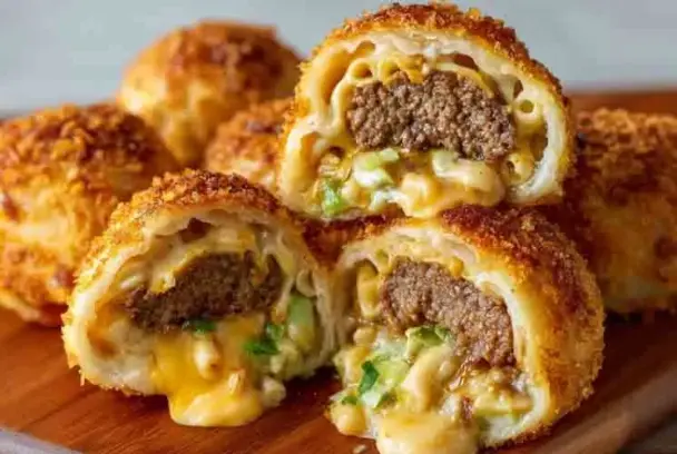 Golden-brown Big Mac Cheeseburger Bombs cut in half, revealing juicy beef, gooey cheese, pickles, and sauce wrapped in crispy dough on a wooden board.