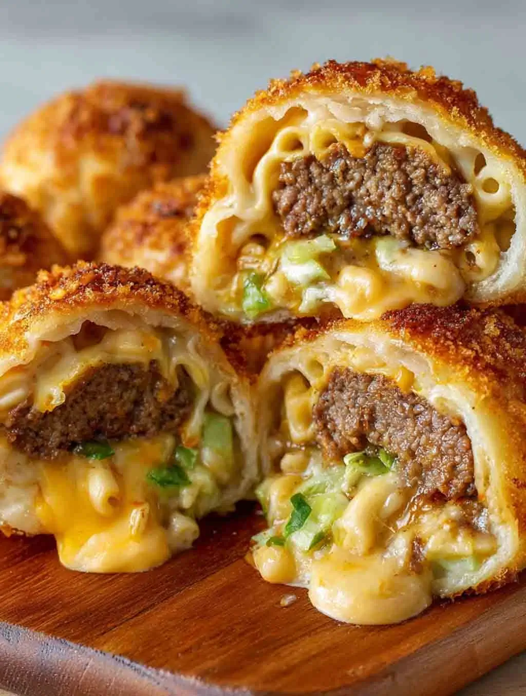 Close-up of golden-brown Big Mac Cheeseburger Bombs sliced open, showing layers of ground beef, macaroni, melted cheese, pickles, and lettuce inside flaky dough.