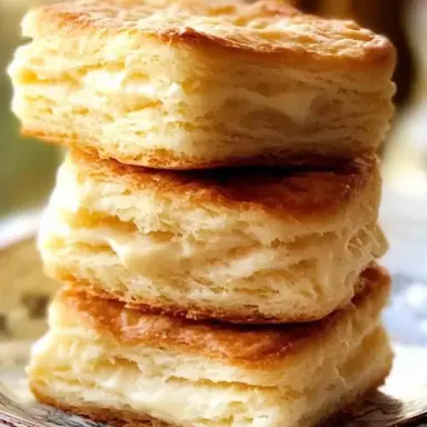 Three tall, golden-brown, flaky biscuits stacked on a rustic ceramic plate, showing rich buttery layers and a tender, crisp finish.