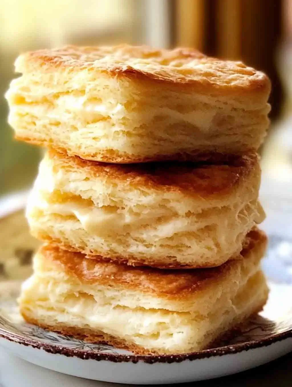 Three tall, golden-brown, flaky biscuits stacked on a rustic ceramic plate, showing rich buttery layers and a tender, crisp finish.