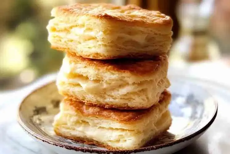 Three stacked golden brown flaky biscuits on a ceramic plate, with visible buttery layers and a soft, fluffy texture.