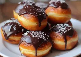 Close-up of golden Boston Cream Doughnut Holes stacked on a white plate, filled with pastry cream and topped with thick chocolate glaze and white sprinkles.