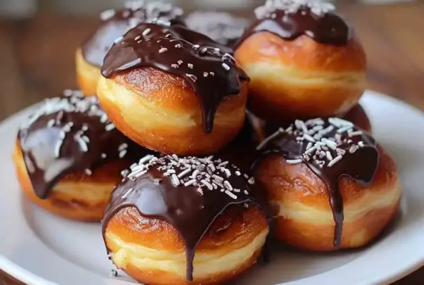 Close-up of golden Boston Cream Doughnut Holes stacked on a white plate, filled with pastry cream and topped with thick chocolate glaze and white sprinkles.