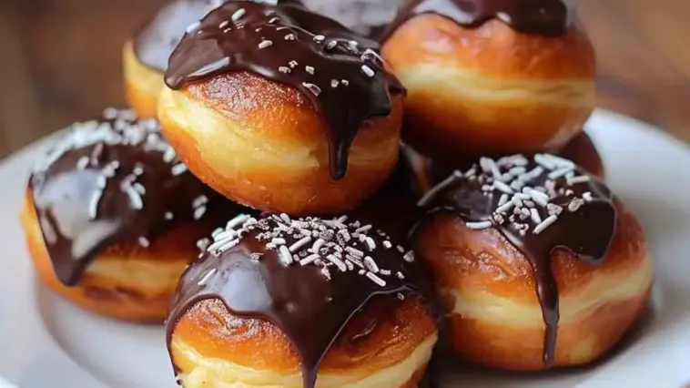 Close-up of golden Boston Cream Doughnut Holes stacked on a white plate, filled with pastry cream and topped with thick chocolate glaze and white sprinkles.