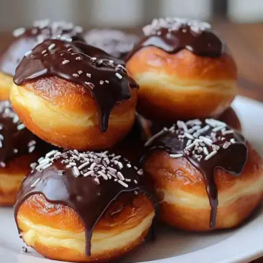 A plate of golden, homemade Boston Cream Doughnut Holes topped with glossy chocolate ganache and white sprinkles, showing creamy filling between layers.