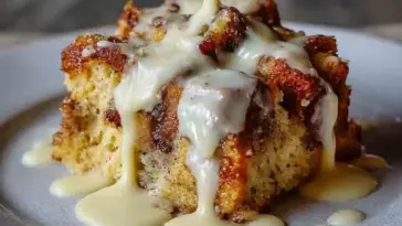 Slice of golden-brown bread pudding drizzled with rich vanilla cream sauce on a white plate, showing crisp edges and soft, custardy interior.