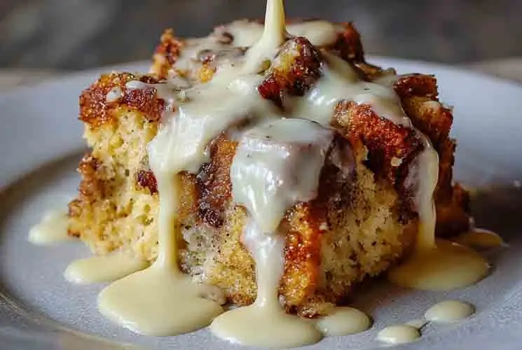 Slice of golden-brown bread pudding drizzled with rich vanilla cream sauce on a white plate, showing crisp edges and soft, custardy interior.