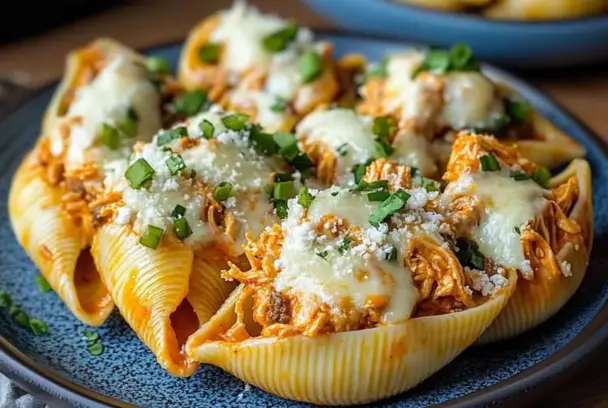 Close-up of jumbo pasta shells stuffed with shredded buffalo chicken, topped with melted cheese, chopped green onions, and parmesan, served on a rustic blue plate.