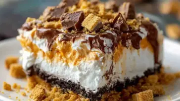 Close-up of a creamy no-bake Butterfinger Lush dessert with whipped topping, chocolate layer, crushed candy bars, and a cookie crust on a white plate.