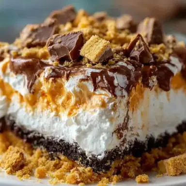 Close-up of a creamy no-bake Butterfinger Lush dessert with whipped topping, chocolate layer, crushed candy bars, and a cookie crust on a white plate.