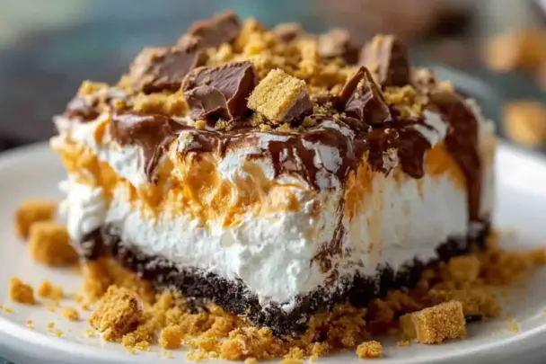 Close-up of a creamy no-bake Butterfinger Lush dessert with whipped topping, chocolate layer, crushed candy bars, and a cookie crust on a white plate.