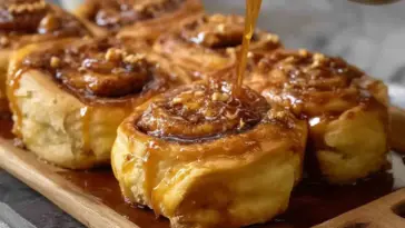 Close-up of golden, fluffy butterscotch caramel rolls topped with rich, glossy caramel sauce being poured over the swirls, served on a wooden tray.