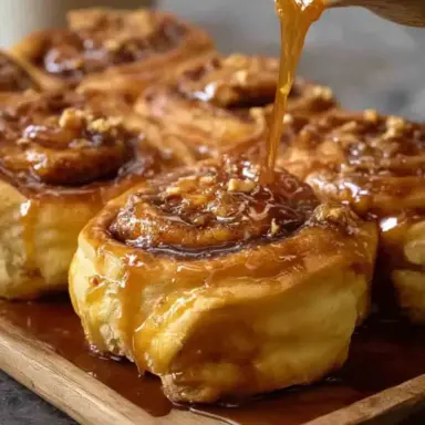 Close-up of golden, fluffy butterscotch caramel rolls topped with rich, glossy caramel sauce being poured over the swirls, served on a wooden tray.