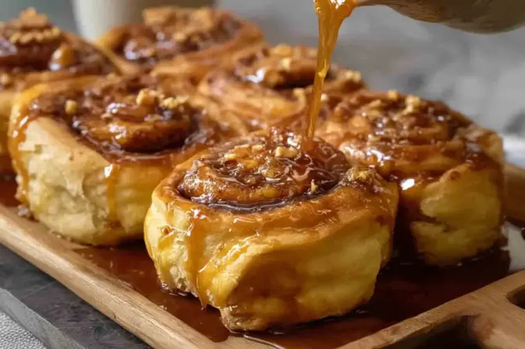 Close-up of golden, fluffy butterscotch caramel rolls topped with rich, glossy caramel sauce being poured over the swirls, served on a wooden tray.