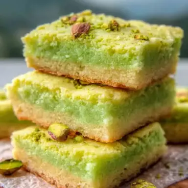 A close-up of sliced buttery pistachio sugar cookie bars with a golden crust, green pistachio bits, and a drizzle of white chocolate on top, styled on parchment paper for a festive, homemade dessert look.