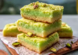 Stack of vibrant green and golden-brown pistachio sugar cookie bars on a wooden board lined with parchment, topped with chopped pistachios and surrounded by scattered nuts—showcasing their soft texture and layered look.