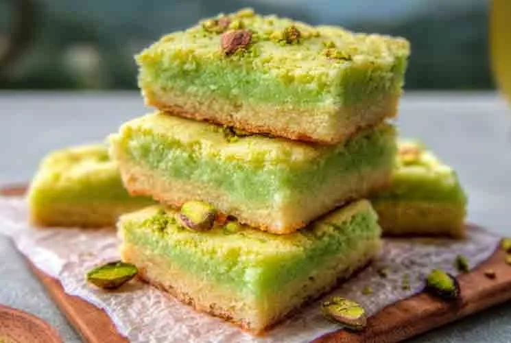 Stack of vibrant green and golden-brown pistachio sugar cookie bars on a wooden board lined with parchment, topped with chopped pistachios and surrounded by scattered nuts—showcasing their soft texture and layered look.