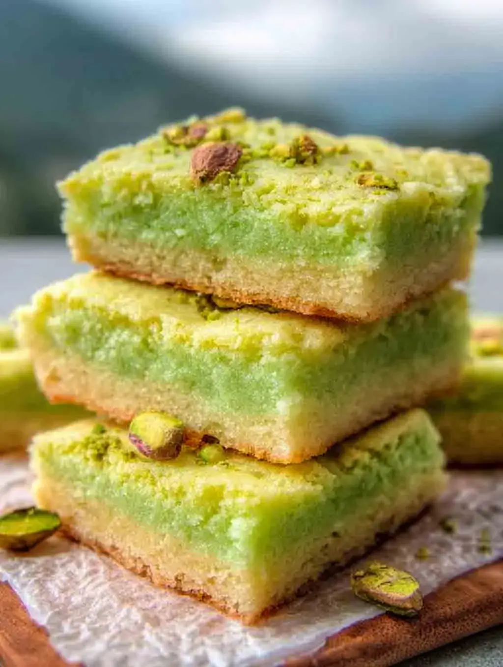 A close-up of sliced buttery pistachio sugar cookie bars with a golden crust, green pistachio bits, and a drizzle of white chocolate on top, styled on parchment paper for a festive, homemade dessert look.