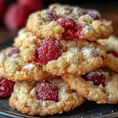Close-up photo of buttery raspberry crumble cookies stacked on a dark plate, with golden crumb topping and fresh red raspberries peeking through the soft, baked dough.
