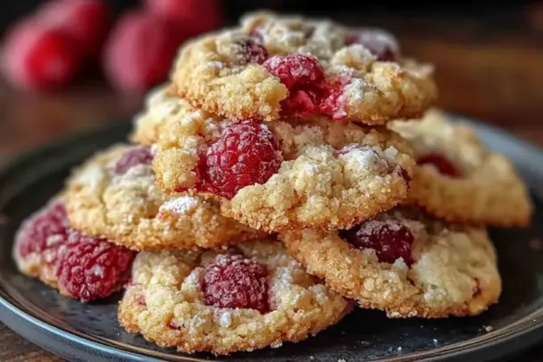 Close-up photo of buttery raspberry crumble cookies stacked on a dark plate, with golden crumb topping and fresh red raspberries peeking through the soft, baked dough.