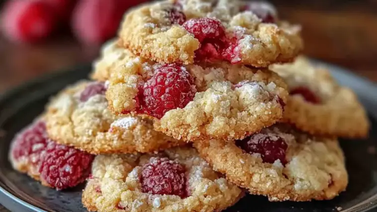 Close-up photo of buttery raspberry crumble cookies stacked on a dark plate, with golden crumb topping and fresh red raspberries peeking through the soft, baked dough.