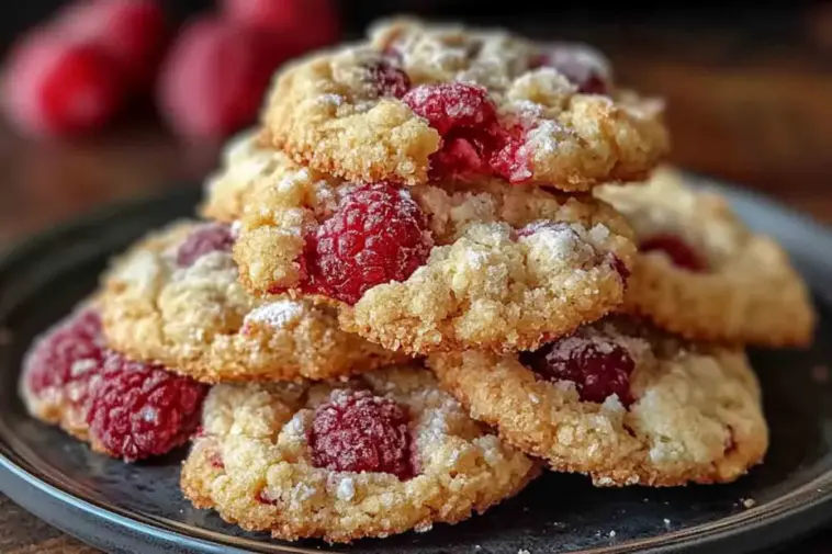 Close-up photo of buttery raspberry crumble cookies stacked on a dark plate, with golden crumb topping and fresh red raspberries peeking through the soft, baked dough.