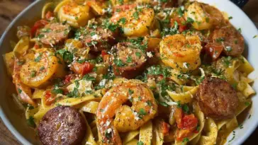 Close-up of creamy Cajun shrimp pasta with sliced sausage, fettuccine noodles, and fresh parsley, all tossed in a rich, spicy cream sauce and served in a large white skillet.