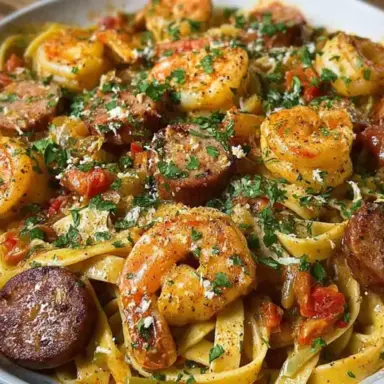 Close-up of creamy Cajun shrimp pasta with sliced sausage, fettuccine noodles, and fresh parsley, all tossed in a rich, spicy cream sauce and served in a large white skillet.