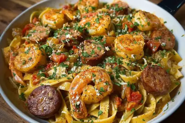 Close-up of creamy Cajun shrimp pasta with sliced sausage, fettuccine noodles, and fresh parsley, all tossed in a rich, spicy cream sauce and served in a large white skillet.