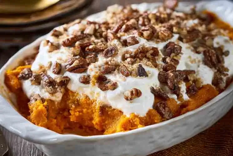 A white baking dish filled with sweet potato casserole topped with toasted marshmallows and chopped pecans, fresh from the oven on a rustic table setting.