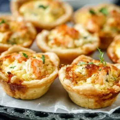 Close-up of golden-baked cheddar crab and shrimp mini quiches in flaky crusts, garnished with herbs, served on a tray for brunch or appetizers.