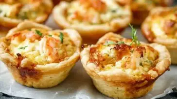 Tray of freshly baked cheddar crab and shrimp mini quiches with flaky crusts, topped with herbs and melted cheese, ideal for party appetizers or brunch.