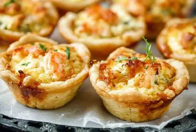 Tray of freshly baked cheddar crab and shrimp mini quiches with flaky crusts, topped with herbs and melted cheese, ideal for party appetizers or brunch.