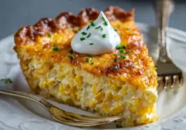 A golden-brown Cheddar Sweet Corn Pie baked in a rustic pie dish, with a cheesy top and creamy corn filling, served in slices on a wooden table next to a fresh garden salad and a glass of iced tea.