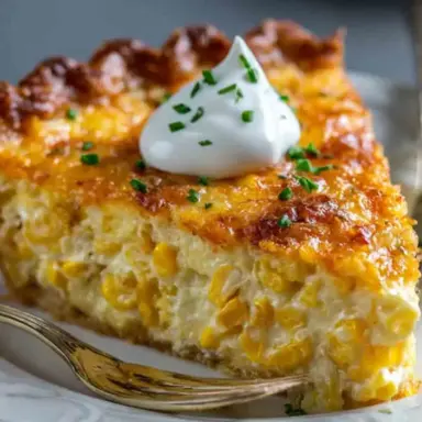 A golden-brown Cheddar Sweet Corn Pie baked in a rustic pie dish, with a cheesy top and creamy corn filling, served in slices on a wooden table next to a fresh garden salad and a glass of iced tea.