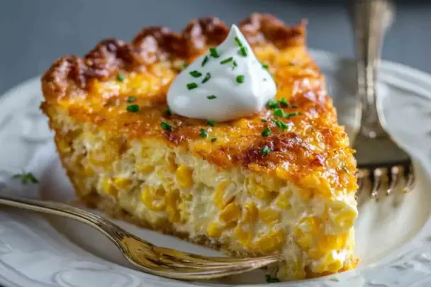 A golden-brown Cheddar Sweet Corn Pie baked in a rustic pie dish, with a cheesy top and creamy corn filling, served in slices on a wooden table next to a fresh garden salad and a glass of iced tea.