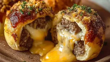 Close-up of Cheeseburger Garlic Bombs with golden biscuit crust, juicy beef filling, and cheddar cheese melting out of the center, topped with garlic butter and herbs.