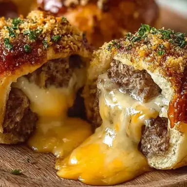 Close-up of Cheeseburger Garlic Bombs with golden biscuit crust, juicy beef filling, and cheddar cheese melting out of the center, topped with garlic butter and herbs.