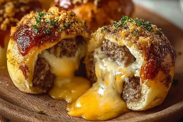 Close-up of Cheeseburger Garlic Bombs with golden biscuit crust, juicy beef filling, and cheddar cheese melting out of the center, topped with garlic butter and herbs.