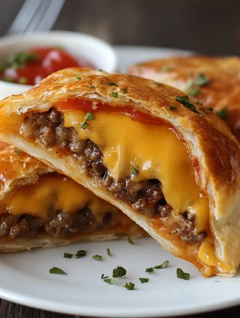 Close-up of flaky golden-brown cheeseburger pockets filled with melted cheddar cheese and seasoned ground beef, garnished with parsley and served with ketchup on the side.