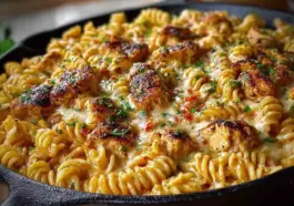 Close-up of a cheesy Cajun garlic chicken rotini skillet in a cast iron pan, featuring golden seared chicken pieces, creamy sauce, spiral pasta, and chopped parsley on top.