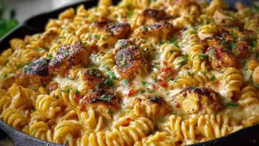 Close-up of a cheesy Cajun garlic chicken rotini skillet in a cast iron pan, featuring golden seared chicken pieces, creamy sauce, spiral pasta, and chopped parsley on top.