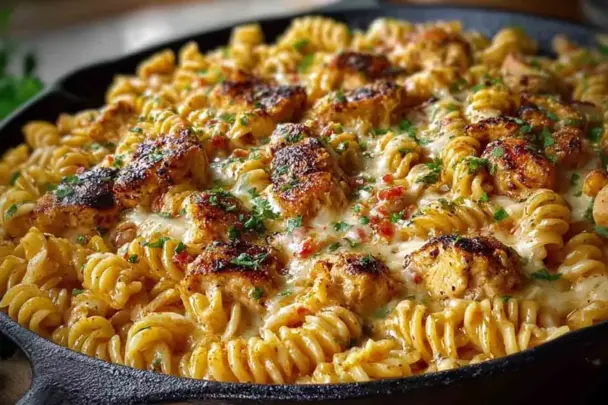 Close-up of a cheesy Cajun garlic chicken rotini skillet in a cast iron pan, featuring golden seared chicken pieces, creamy sauce, spiral pasta, and chopped parsley on top.