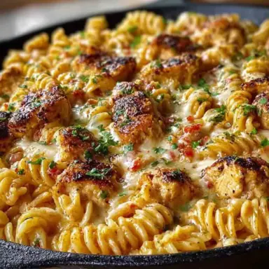 Close-up of a cheesy Cajun garlic chicken rotini skillet in a cast iron pan, featuring golden seared chicken pieces, creamy sauce, spiral pasta, and chopped parsley on top.