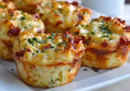 Close-up of golden-brown cheesy mashed potato puffs baked in muffin tins, topped with fresh parsley, and served on a white plate. The puffs are crispy on the outside with a gooey cheese center.